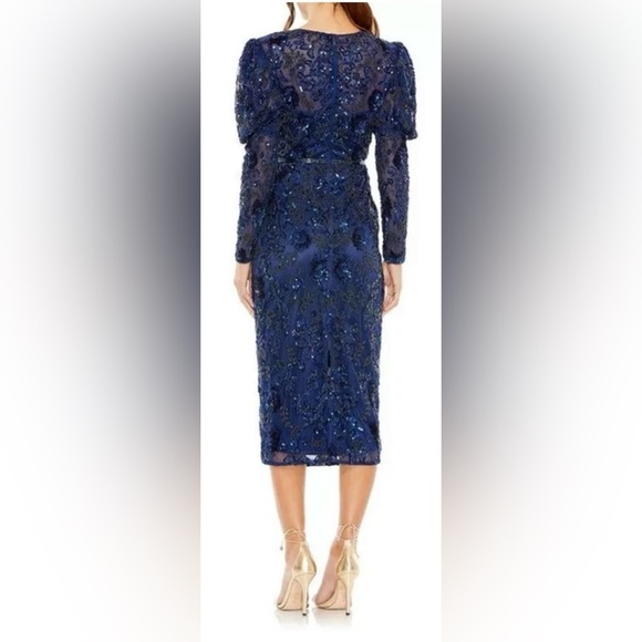 Mac Duggal 5590 NWT Midnight Blue Beaded Floral Long Sleeve Cocktail Midi Dress - Picture 2 of 7
